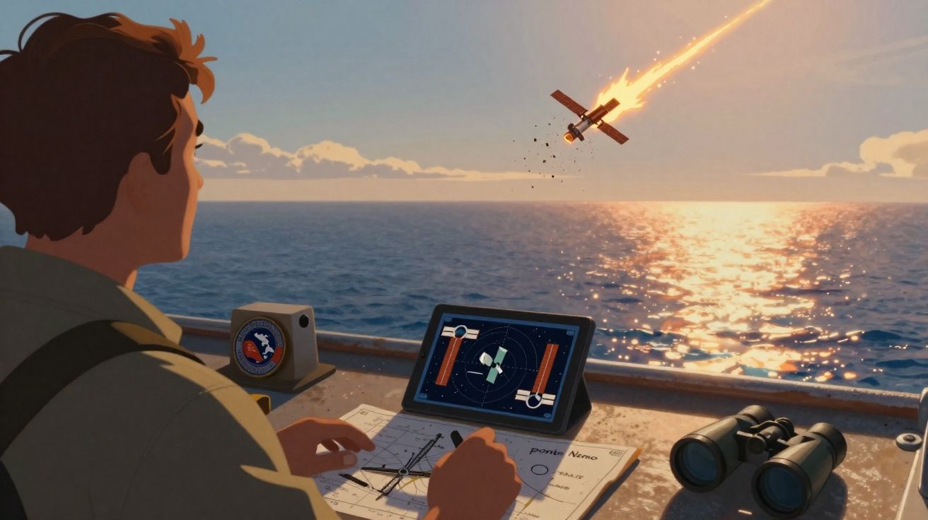 Homem em barco observa satélite a desintegrar-se sobre mar ao pôr do sol, com mapa e dispositivos à frente.