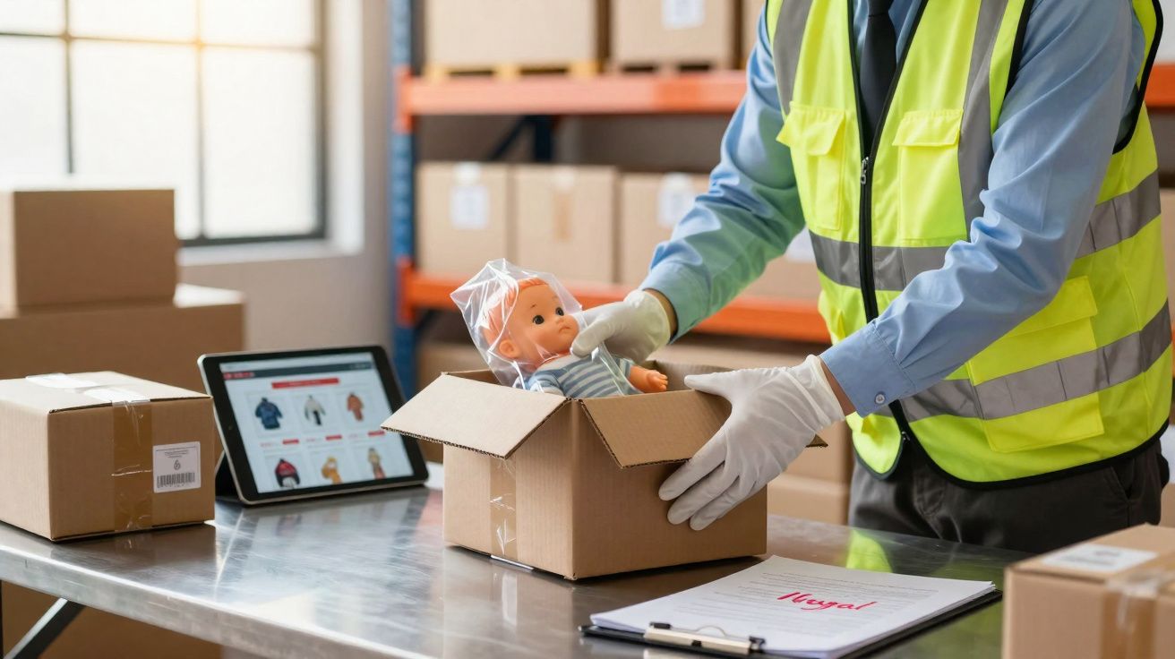 Funcionário a embalar uma boneca em caixa numa fábrica com luvas e colete refletor.