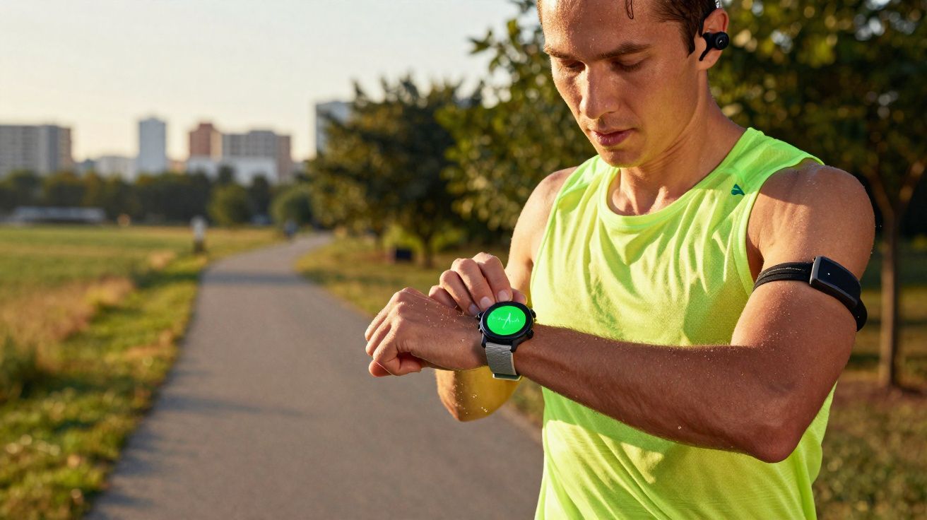 Homem a correr num parque, a ver dados de saúde num relógio inteligente no pulso.