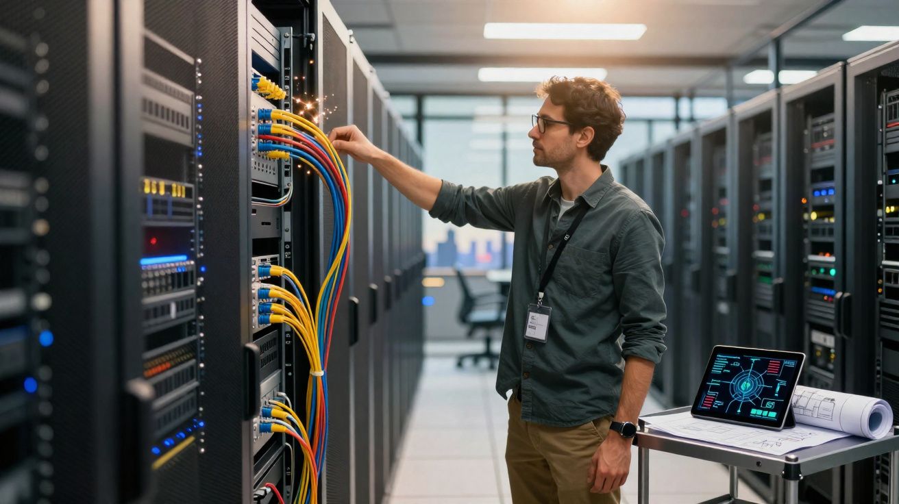 Técnico a ligar cabos coloridos num centro de dados com servidores e computador num carrinho ao lado.