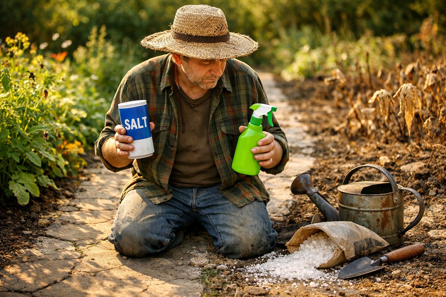 Homem com chapéu de palha segura sal e pulverizador, agachado numa horta junto a regador e terra.