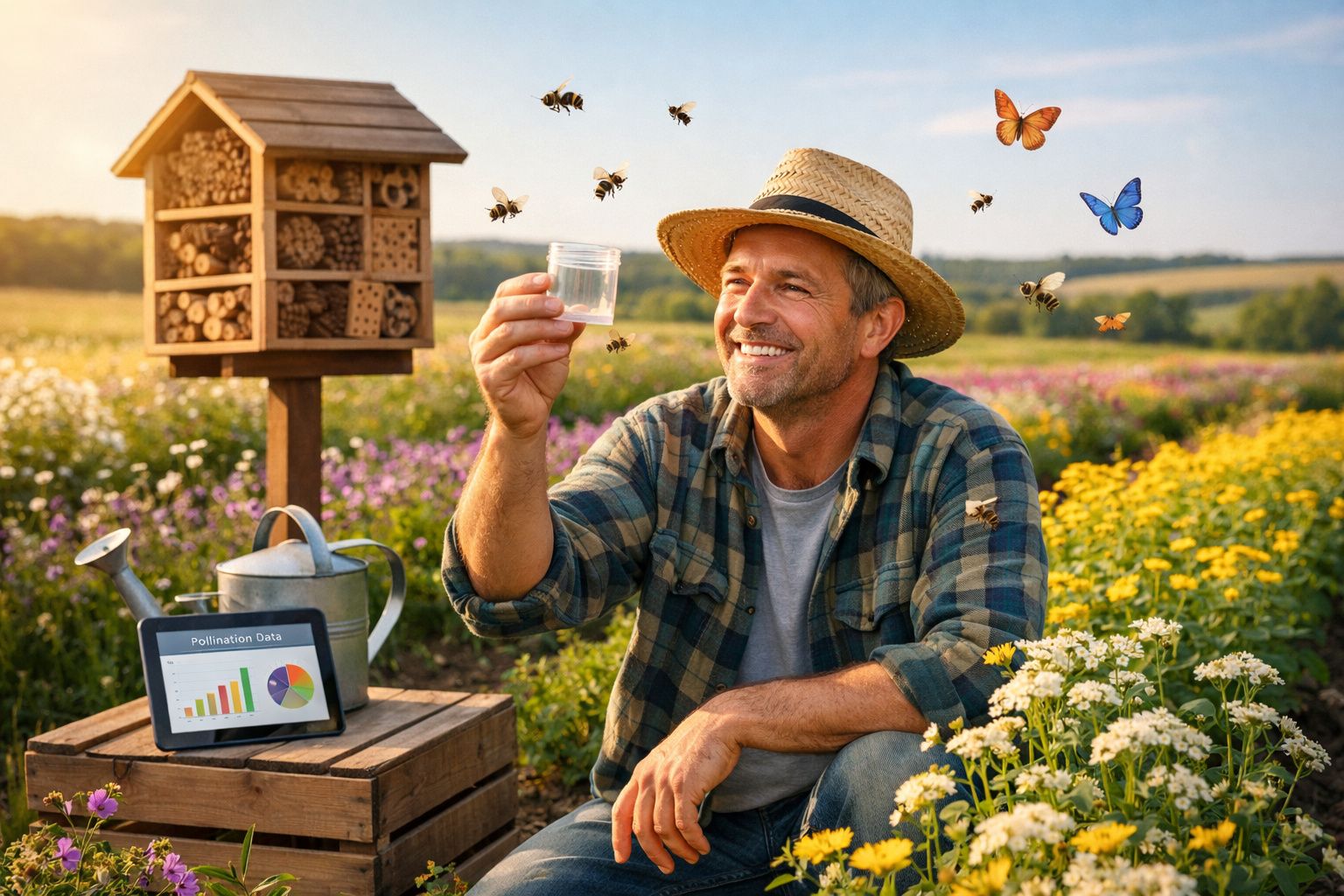 Homem com chapéu numa floresta a observar abelhas e borboletas perto de um hotel para insetos e flores coloridas.