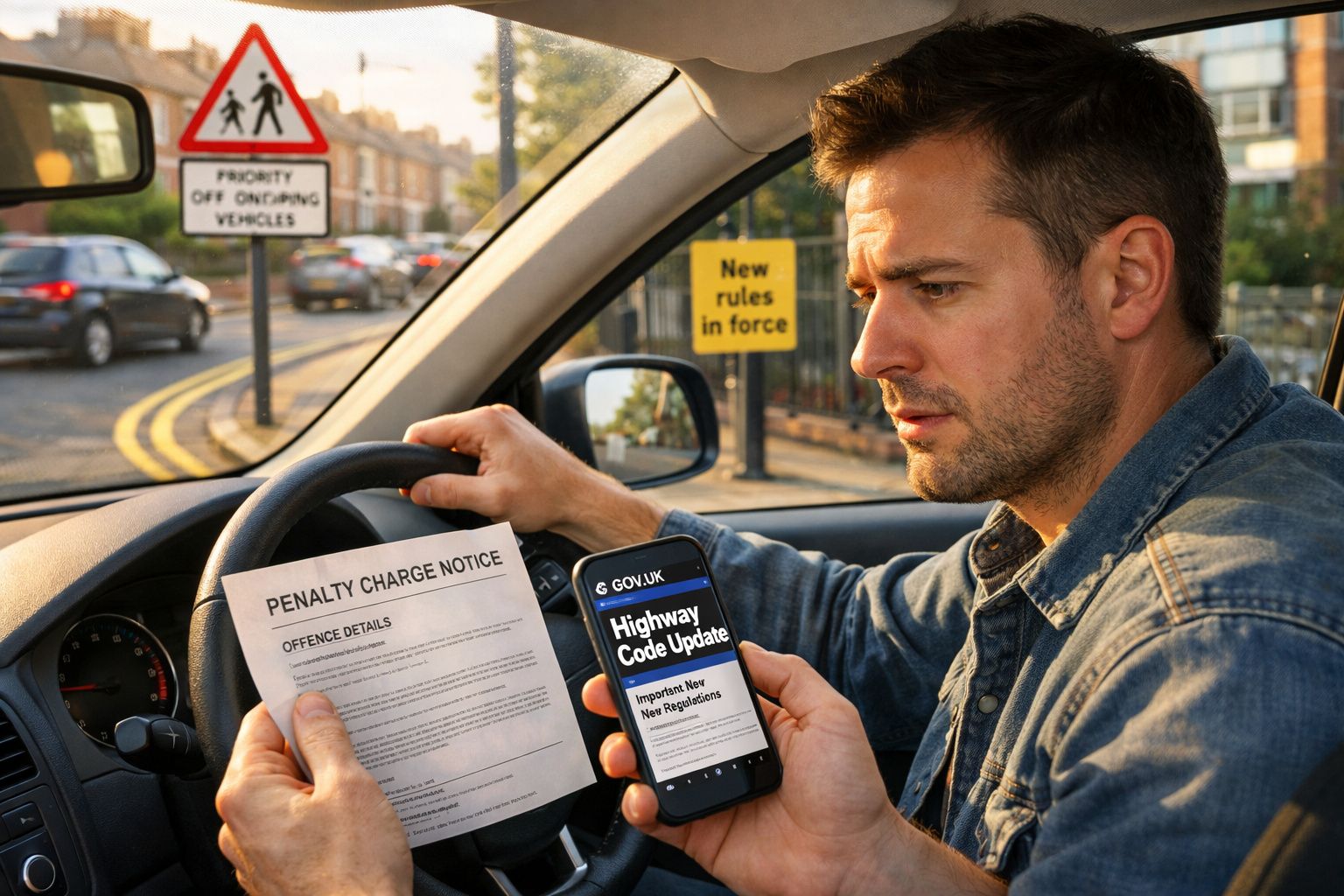 Homem no carro a ler notificação de multa e informação de regulamentação rodoviária no telemóvel.