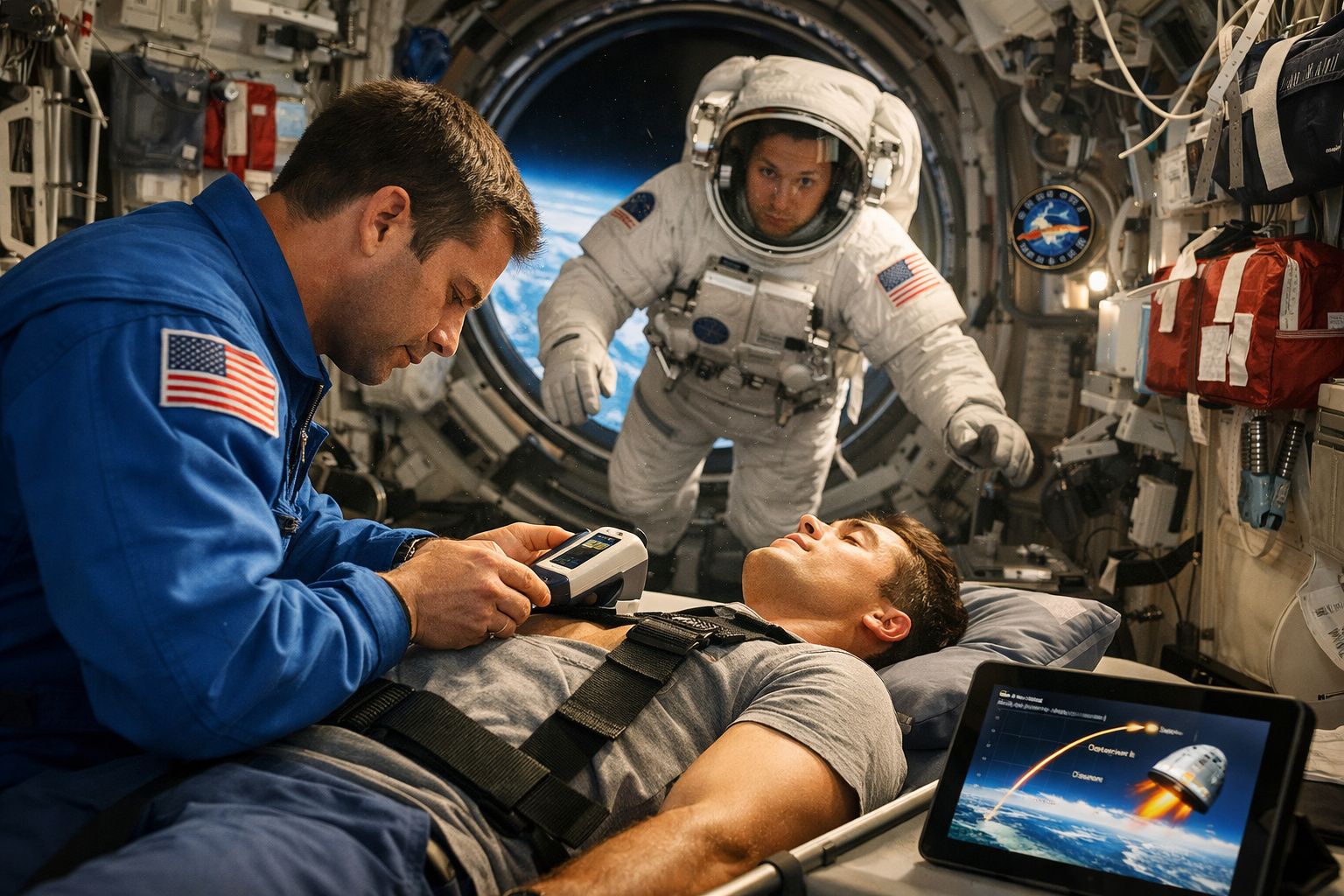 Astronauta em fato azul a verificar batimentos cardíacos de colega deitado, com outro astronauta em fato espacial ao fundo de