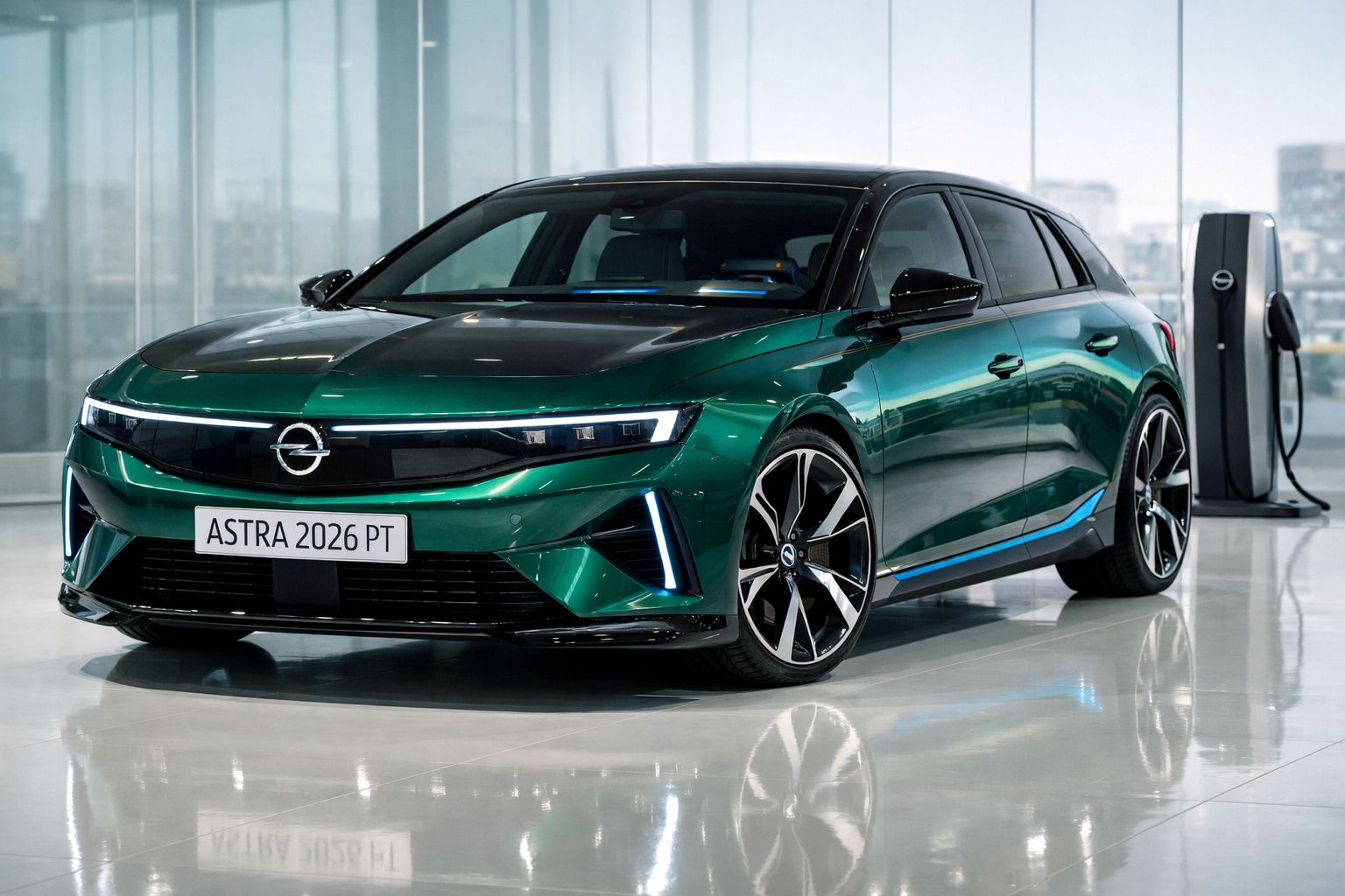 Carro elétrico Opel Astra 2026 verde escuro estacionado junto a posto de carregamento em ambiente moderno.