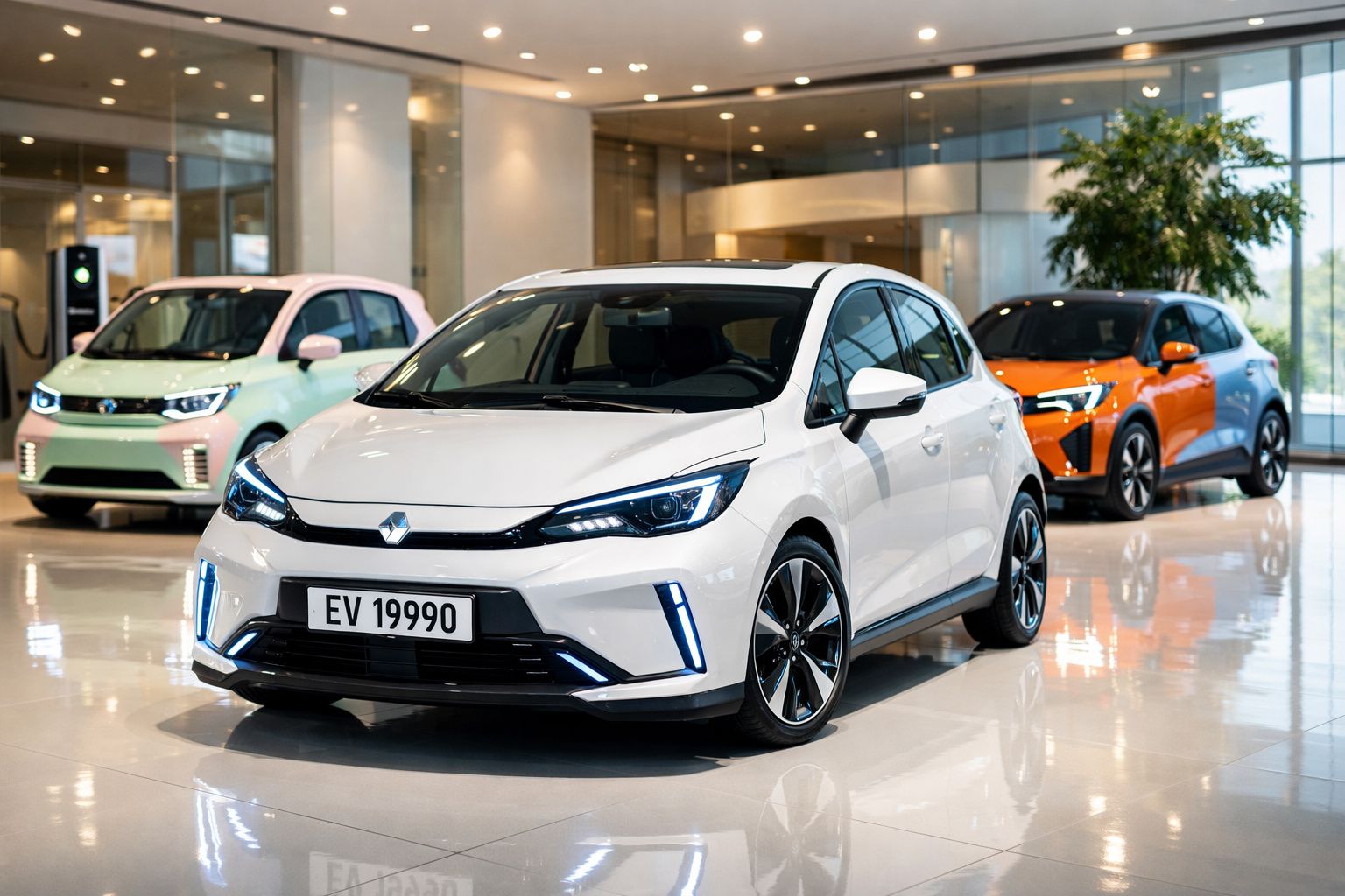 Concessionário de carros elétricos com três modelos modernos estacionados em piso brilhante, destacando um branco à frente.