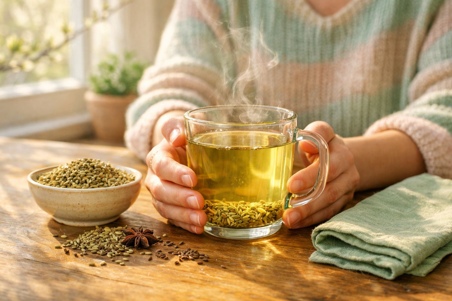 Mãos seguram chá quente de ervas numa chávena transparente sobre mesa com especiarias e toalha verde.