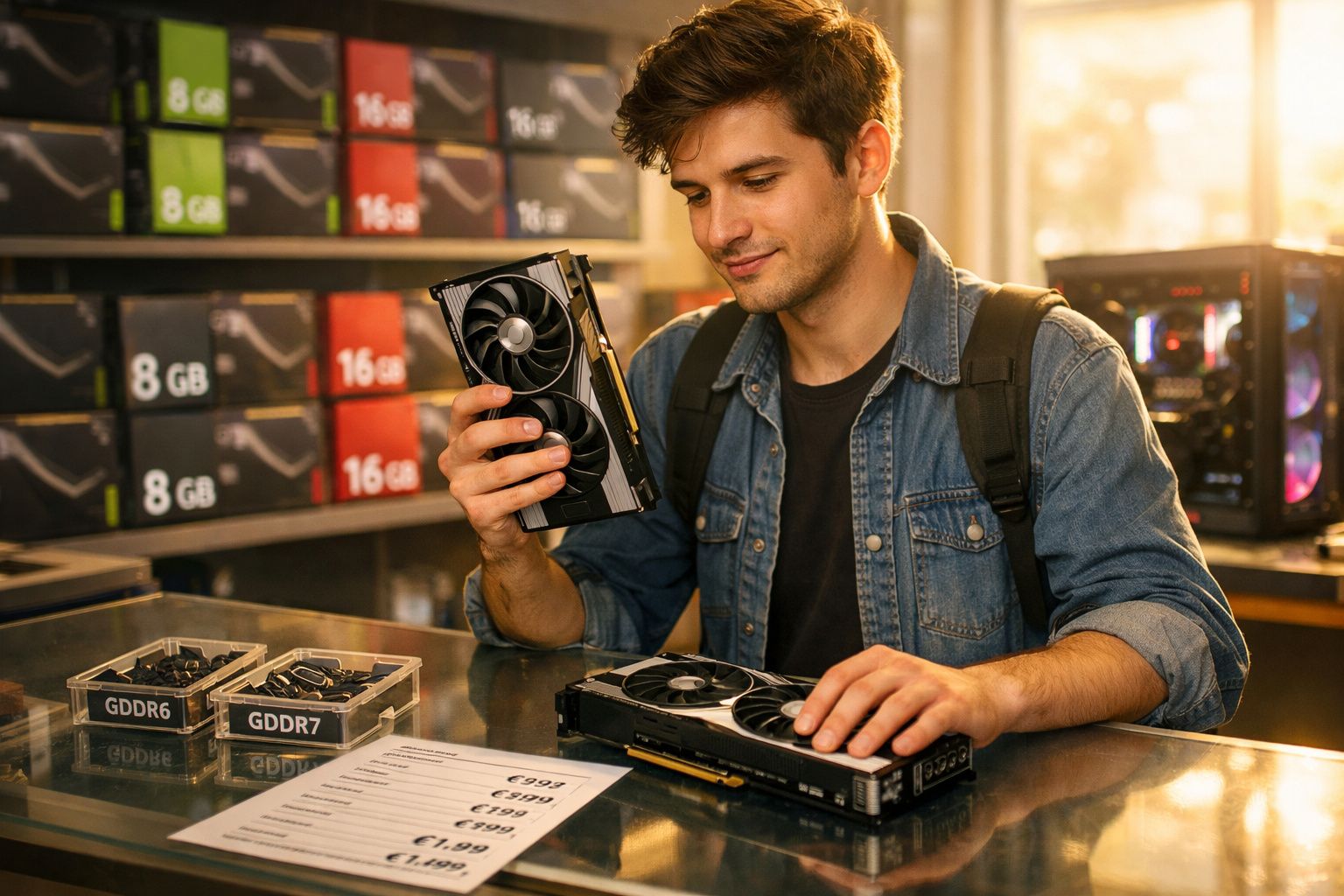 Jovem a analisar placas gráficas numa loja de informática com várias caixas e preços visíveis ao fundo.
