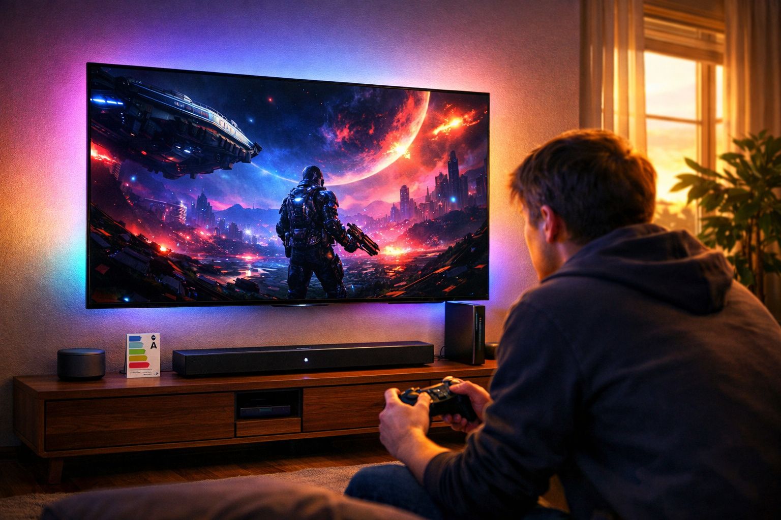 Jovem sentado a jogar videojogo de ação futurista numa televisão grande numa sala iluminada ao pôr do sol.