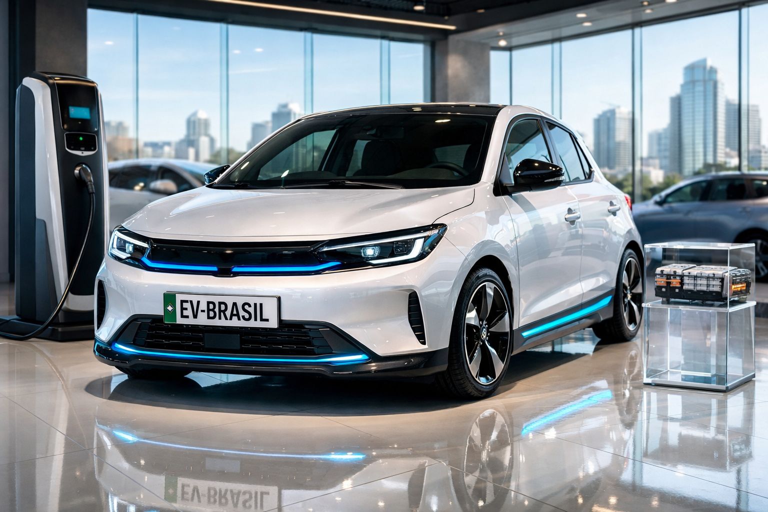 Carro elétrico branco em exposição com carregador e bateria visível em ambiente interno moderno.