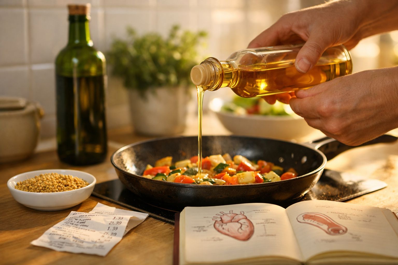 Mãos a deitar azeite numa frigideira com legumes a cozinhar numa cozinha acolhedora e iluminada.
