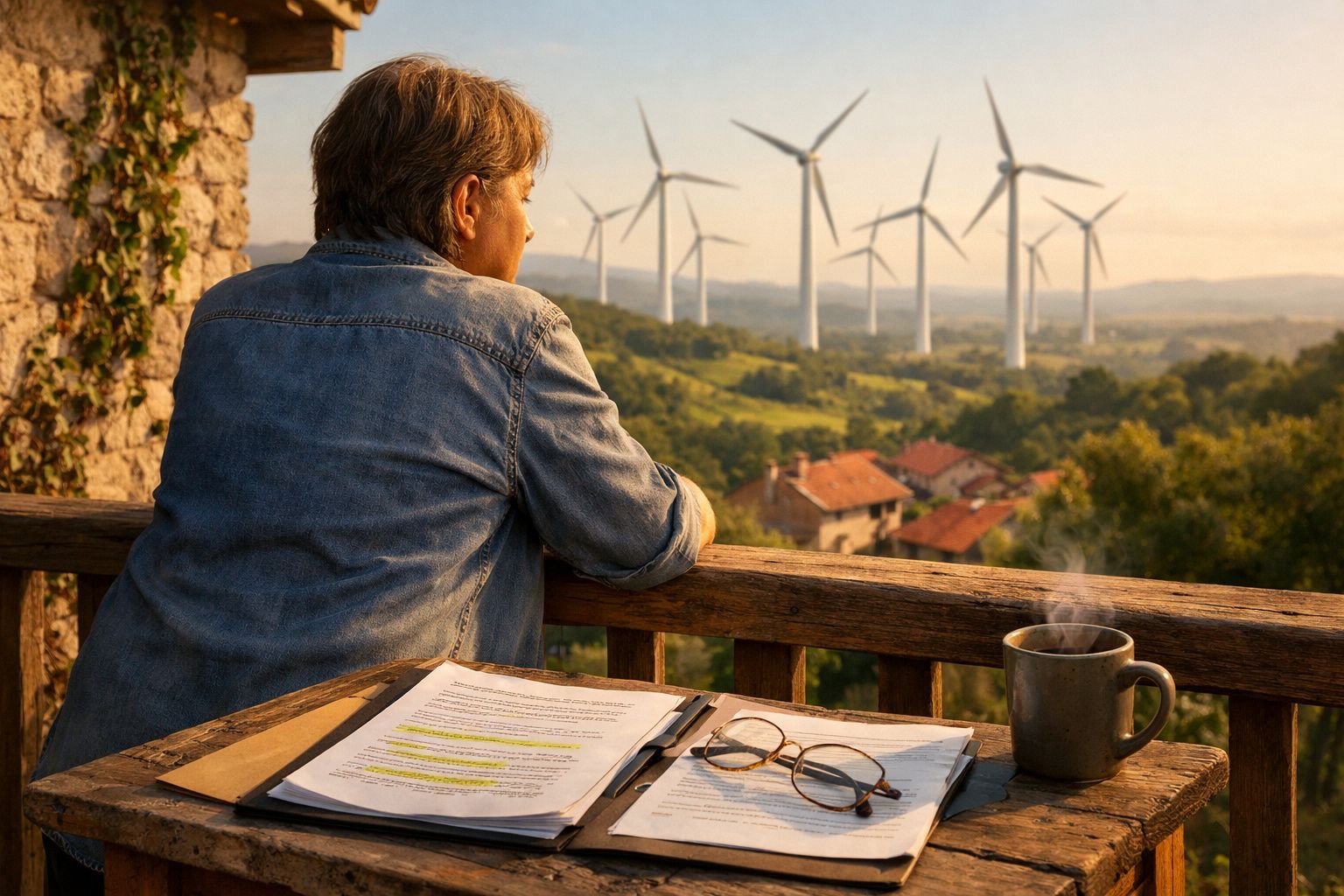 Pessoa de perfil a observar turbinas eólicas numa paisagem rural ao pôr do sol, com documentos, óculos e chá na mesa.