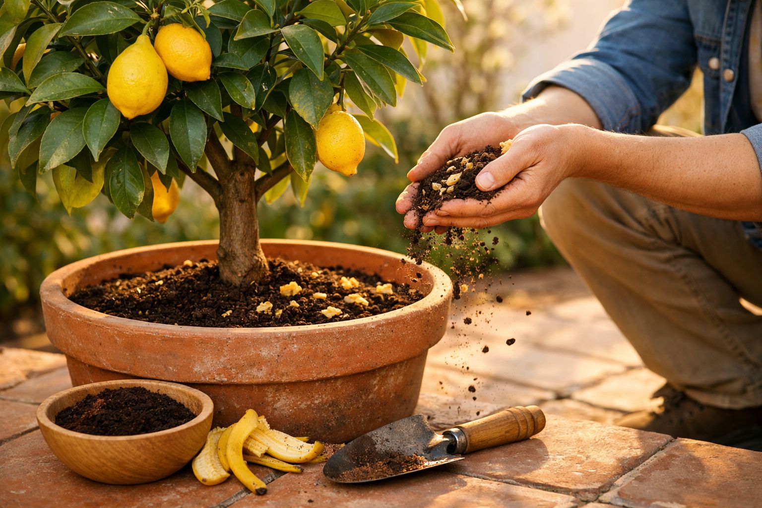 Pessoa a adubar planta de limão num vaso grande de barro, com restos de casca de banana e terra.