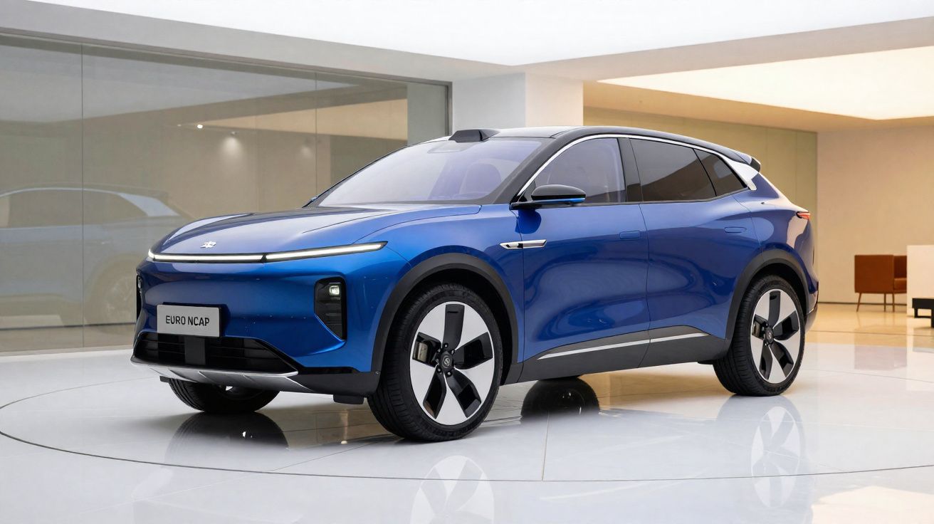 Carro elétrico SUV azul com design moderno em exposição numa sala branca e minimalista.