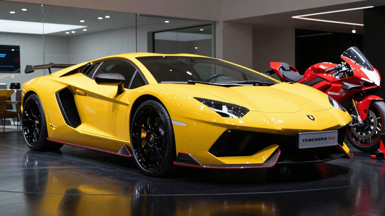Carro desportivo amarelo Lamborghini estacionado em interior com mota vermelha ao fundo.