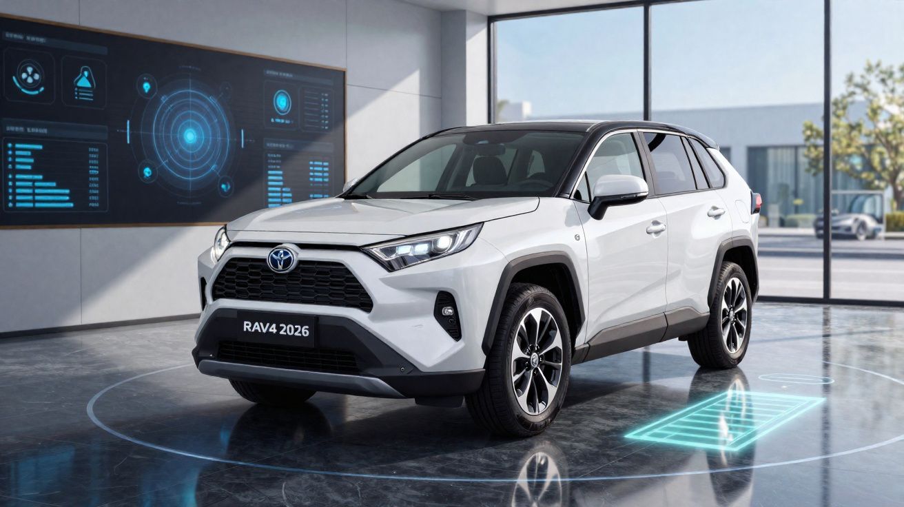 Carro Toyota RAV4 2026 branco exibido numa sala moderna com gráficos digitais futuristas.