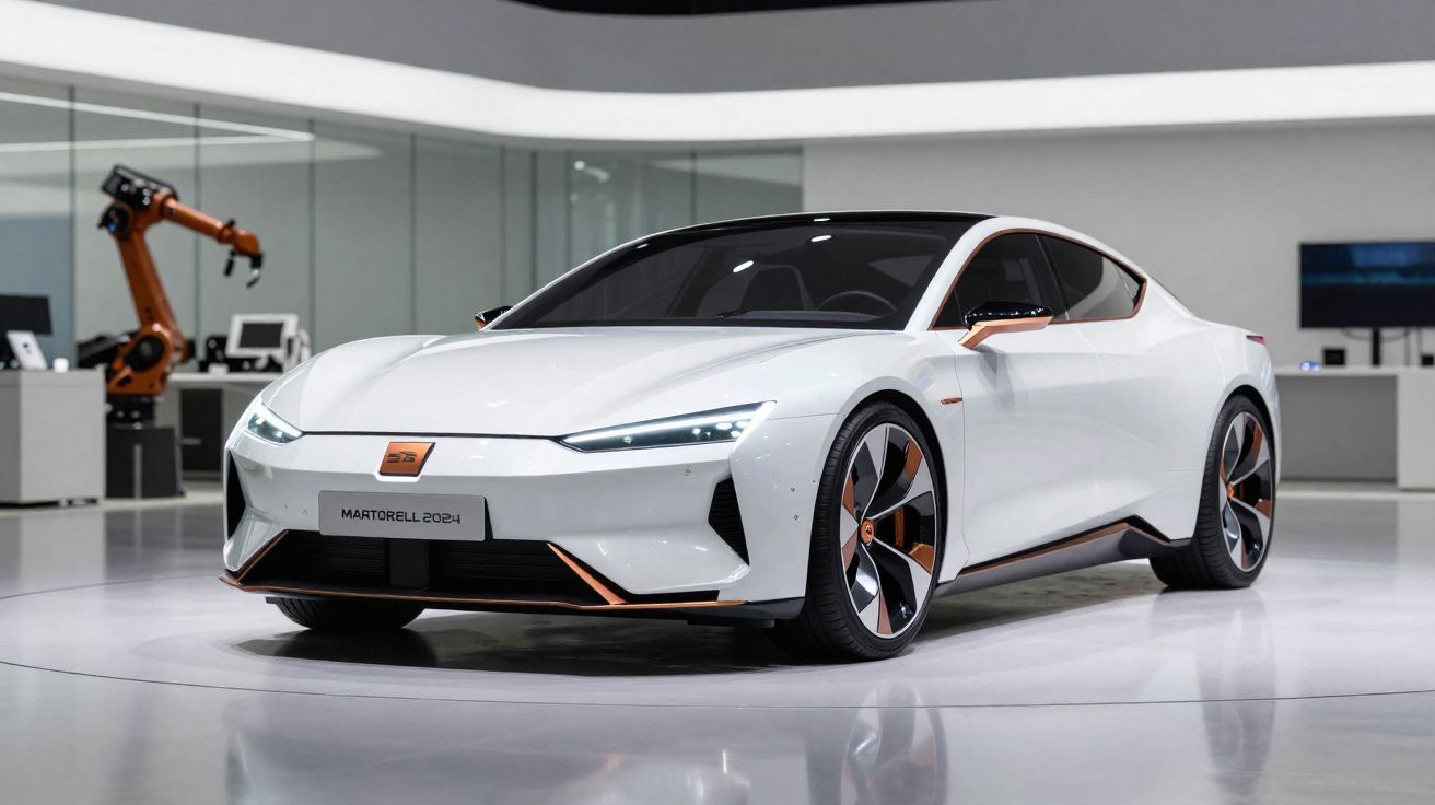 Carro desportivo elétrico branco com detalhes em laranja em exposição numa sala futurista com robô industrial ao fundo.