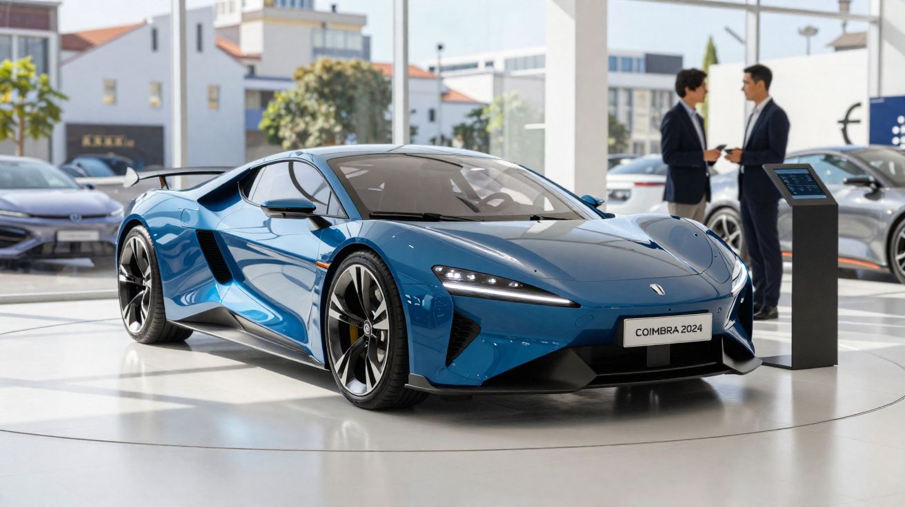 Carro desportivo azul brilhante exposto em salão com duas pessoas ao fundo a conversar.