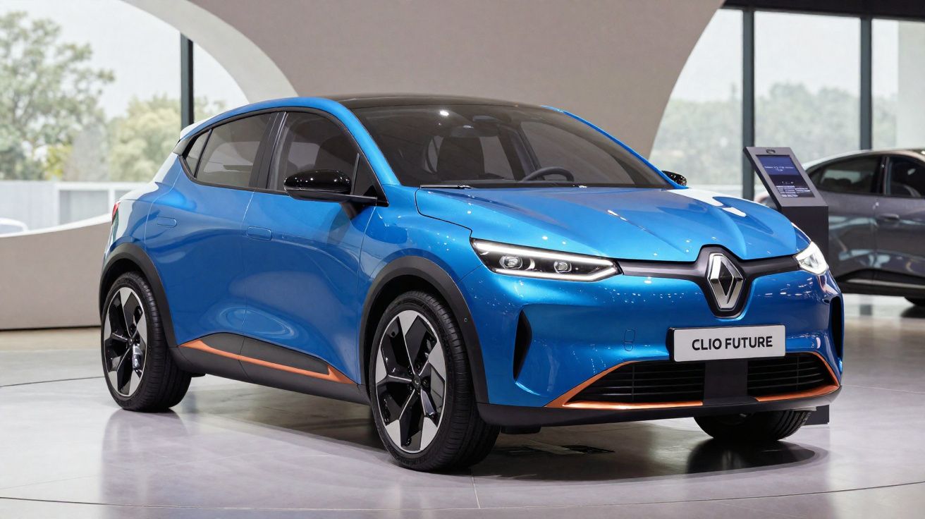 Carro elétrico Renault Clio Future azul com detalhes pretos e laranja exposto em ambiente moderno interior.