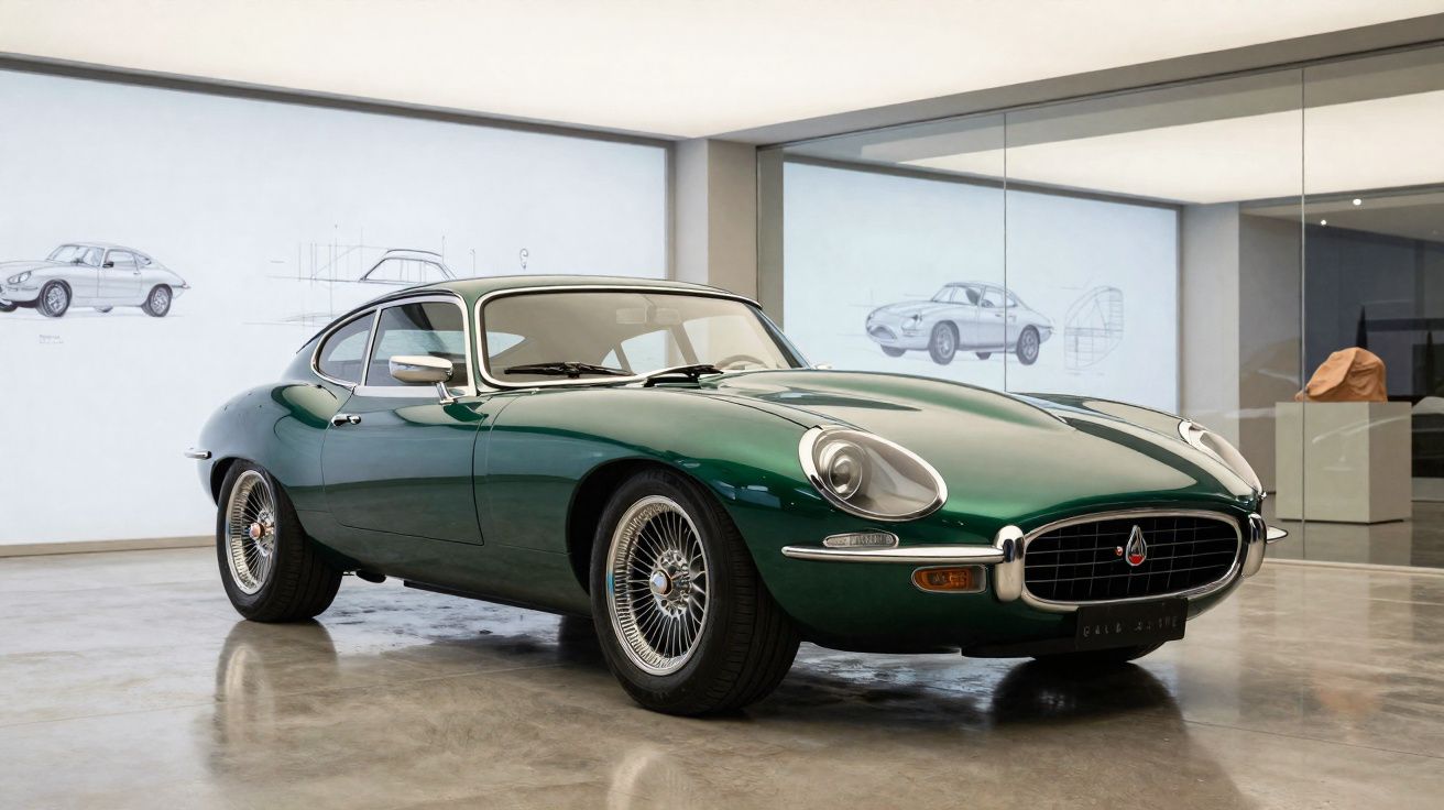 Carro clássico verde escuro estacionado em piso polido, detalhes cromados e jantes de raios, em museu moderno.