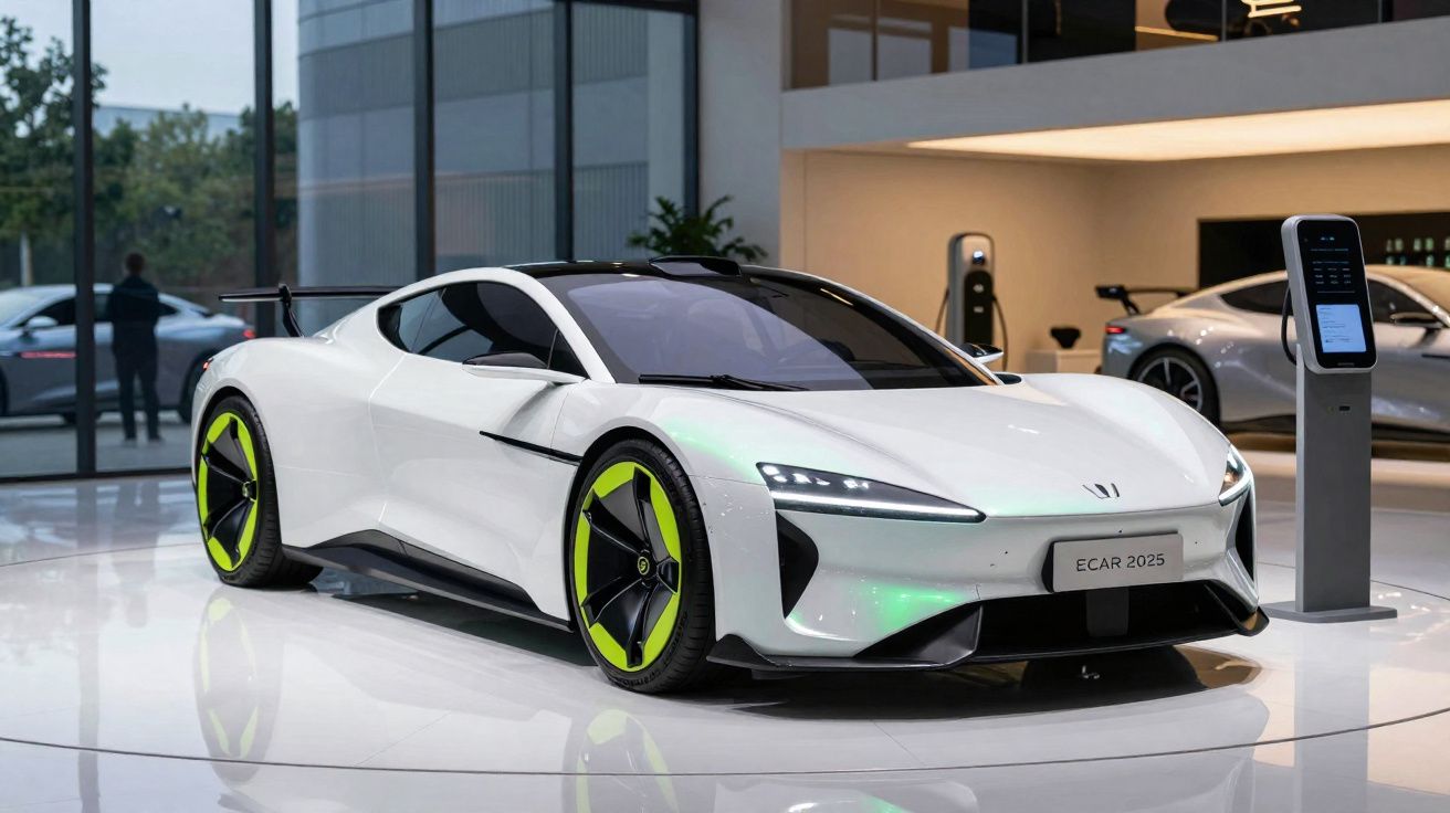 Carro elétrico desportivo branco futurista com detalhes em verde neon numa sala de exposições moderna.
