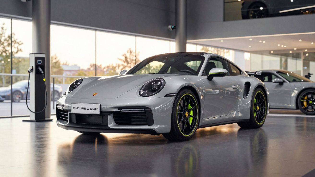 Carro desportivo cinzento Porsche 911 E-Turbo 992 estacionado em showroom com estação de carregamento elétrica.