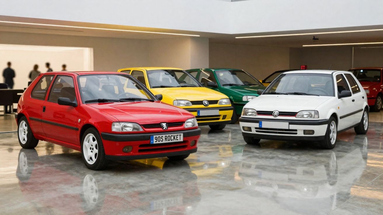 Quatro carros de diferentes cores estacionados num piso brilhante, em ambiente fechado e moderno.