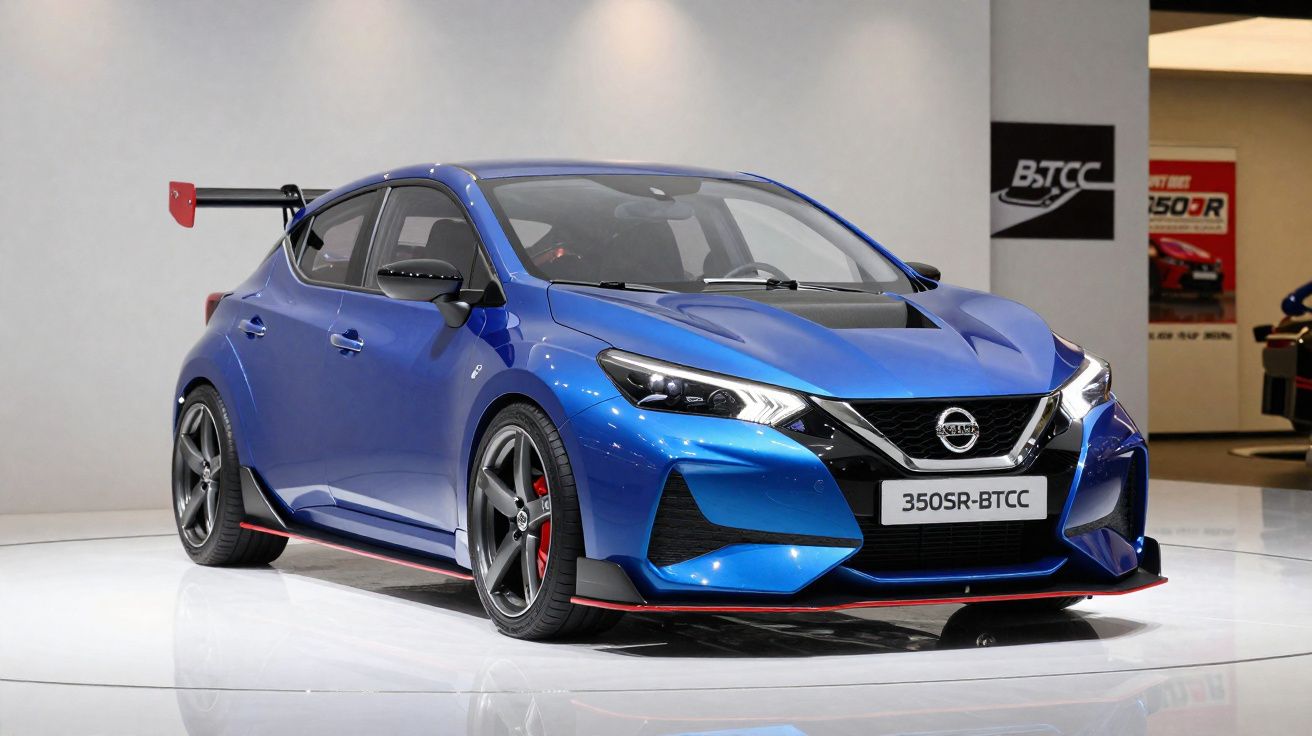 Automóvel desportivo azul Nissan 350SR-BTCC em exposição, com aerofólio traseiro e detalhes vermelhos.