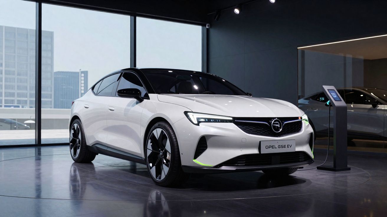 Carro elétrico branco Opel GSE EV em exposição numa sala moderna com grandes janelas e piso brilhante.