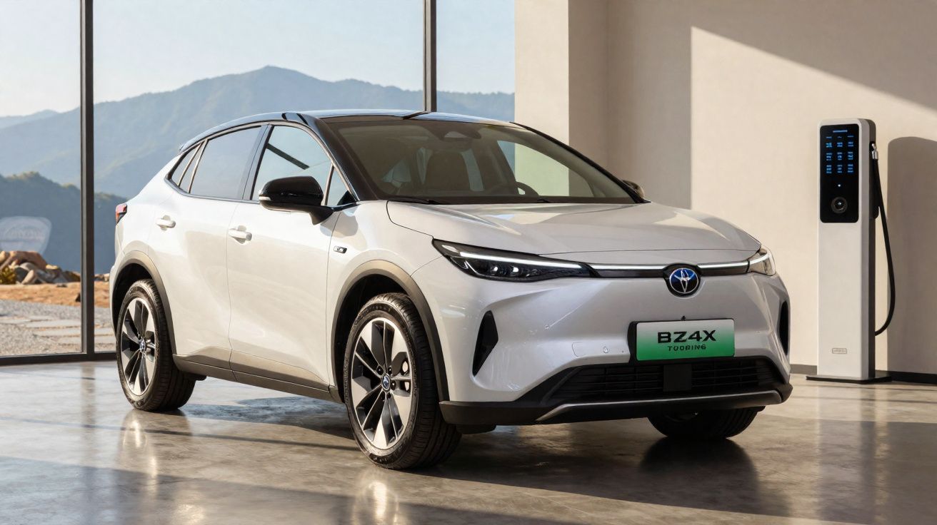 Carro elétrico Toyota BZ4X branco estacionado em garagem com parede de vidro e estação de carregamento.