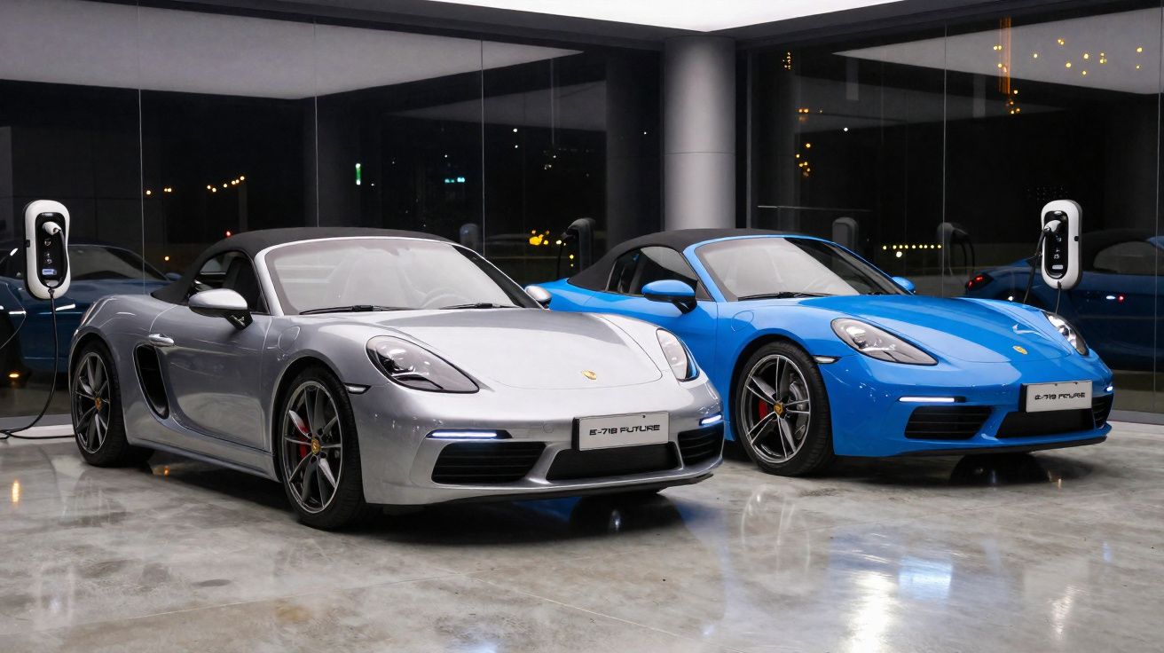 Dois carros desportivos descapotáveis Porsche, um prateado e um azul, estacionados em garagem moderna.