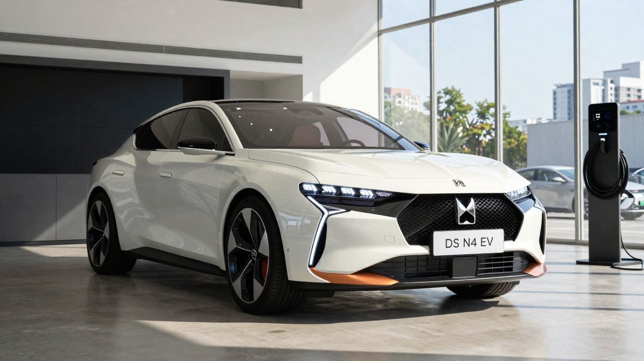 Carro elétrico DS N4 EV branco numa sala com grande janela e posto de carregamento.