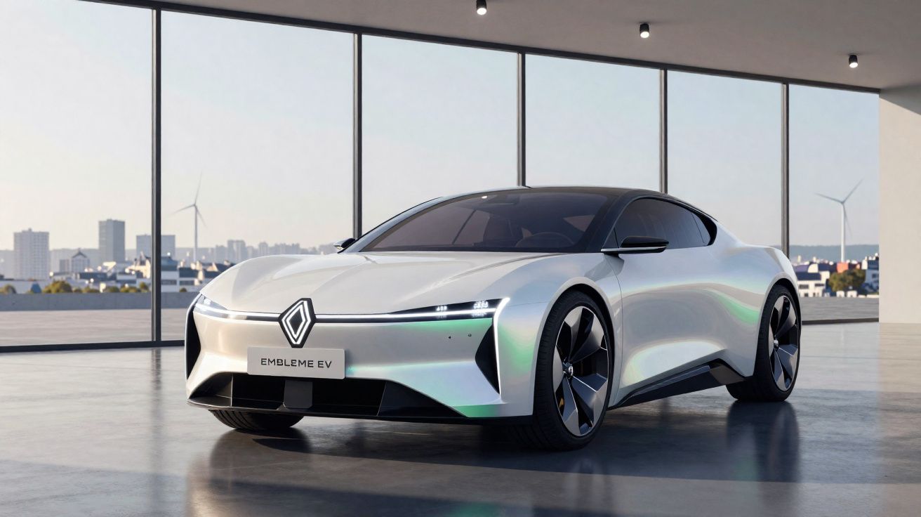 Automóvel eléctrico prateado com design futurista estacionado em ambiente moderno com janelas grandes.