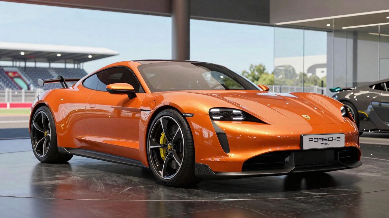Carro desportivo Porsche elétrico laranja exposto em salão de automóveis moderno com vidros amplos.