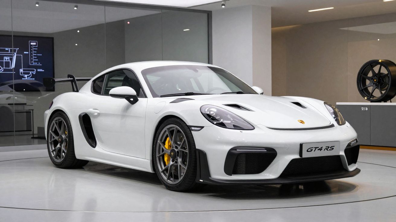 Carro desportivo branco Porsche GT4 RS em exibição num showroom moderno com superfície brilhante.