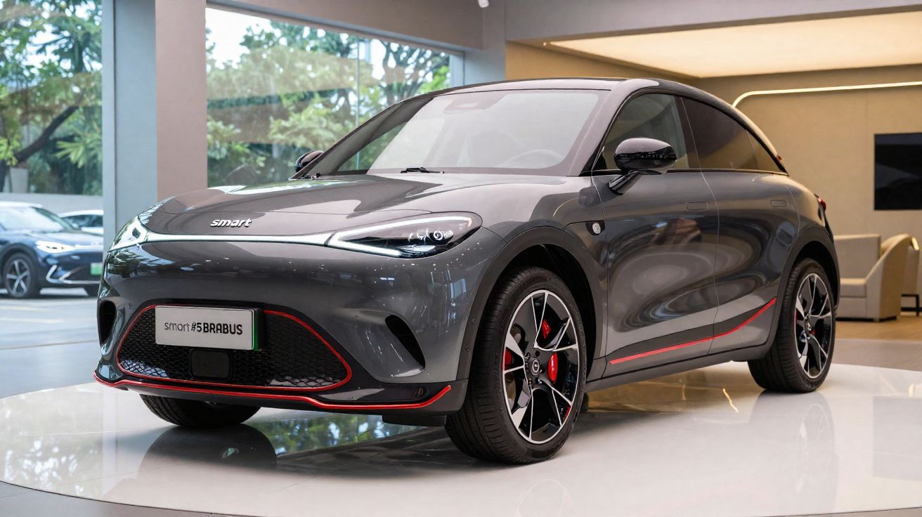 Carro elétrico Smart #5 Brabus cinza com detalhes vermelhos em exposição interior.