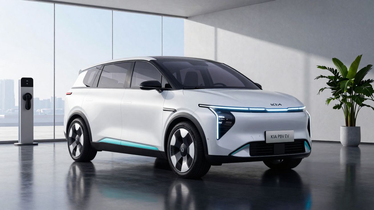 Automóvel elétrico Kia PV6 branco estacionado em interior moderno com carregador e planta.