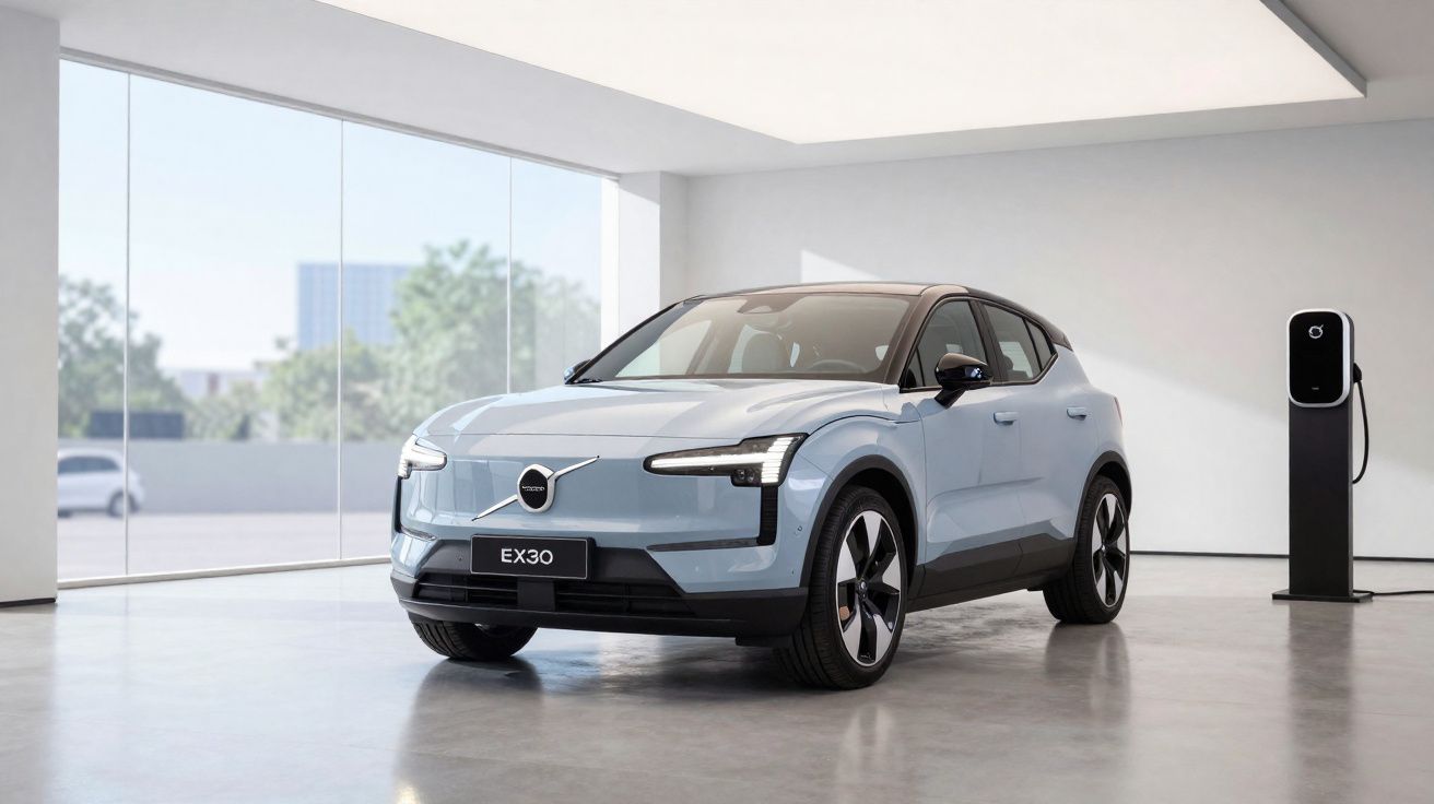 Carro eléctrico Volvo EX30 azul estacionado em espaço moderno com carregador elétrico visível.