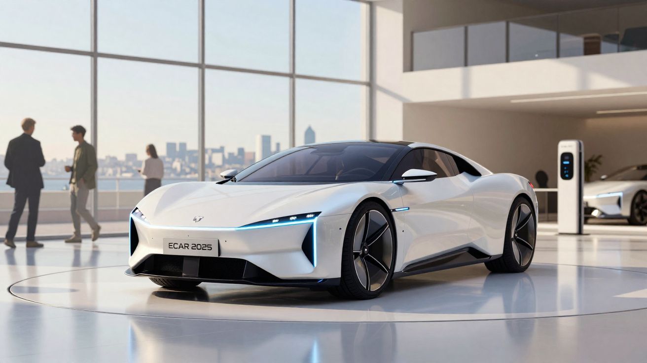 Carro desportivo elétrico branco futurista em exposição num salão moderno com pessoas ao fundo.