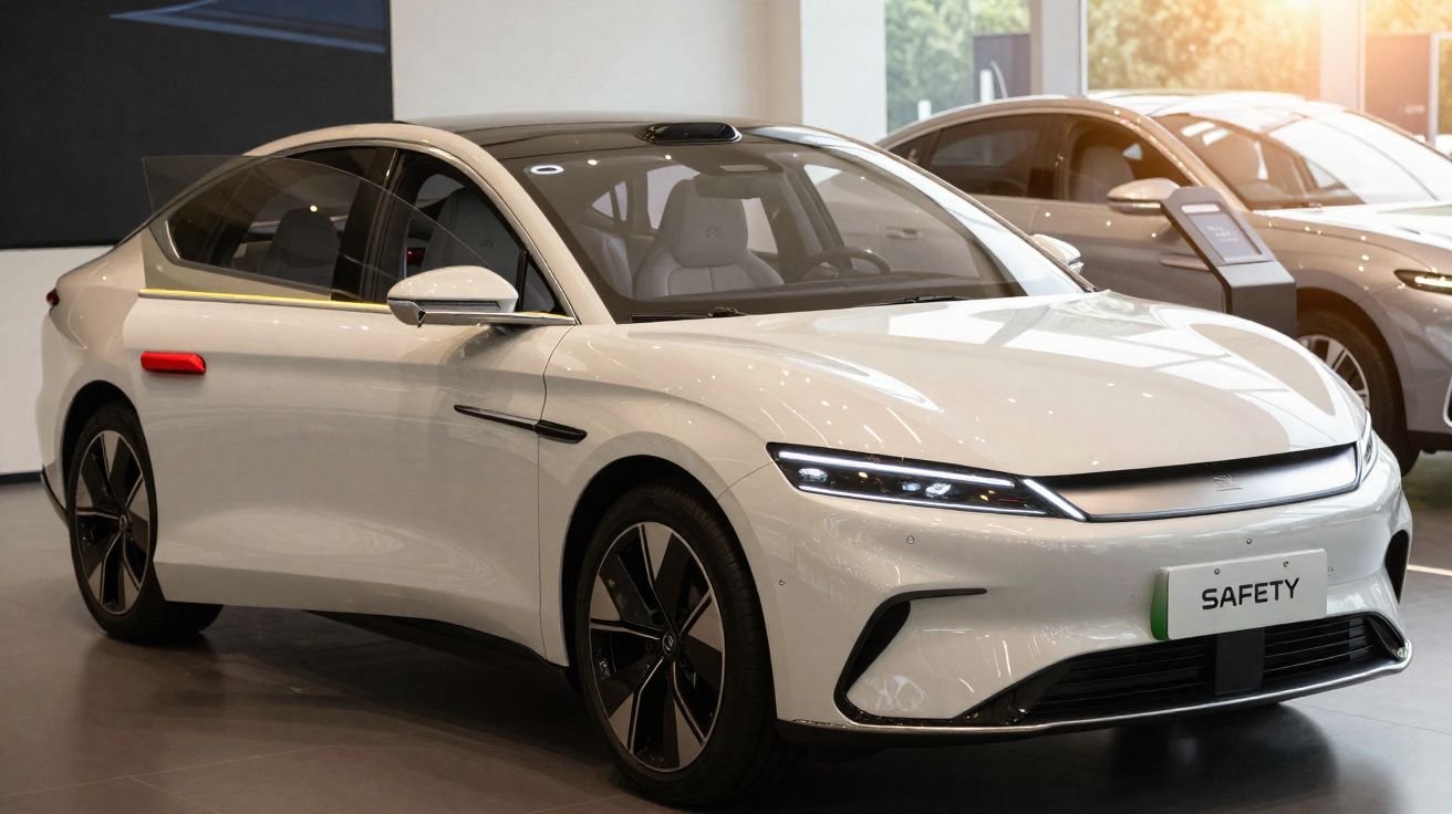 Carro elétrico branco moderno com faróis LED exposto em showroom, placa dianteira com palavra "Safety".