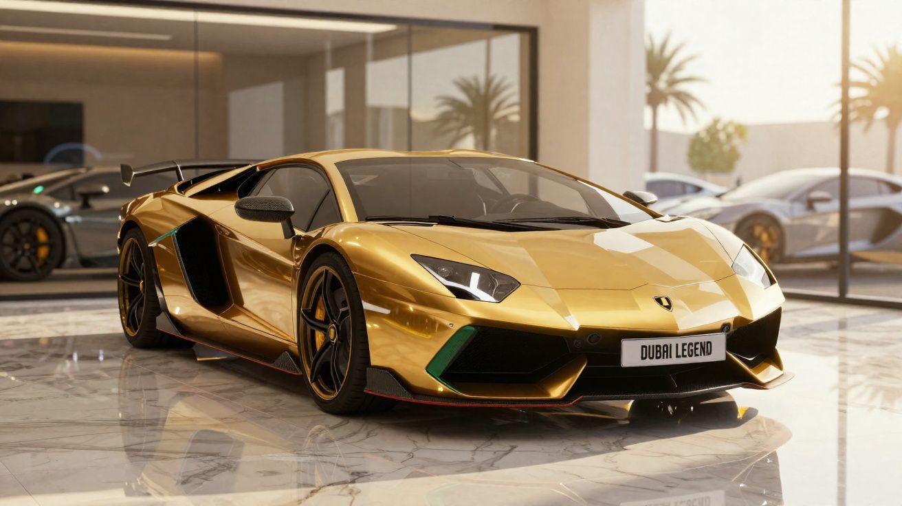 Carro desportivo dourado estacionado em interior com pavimento mármore e janelas amplas.