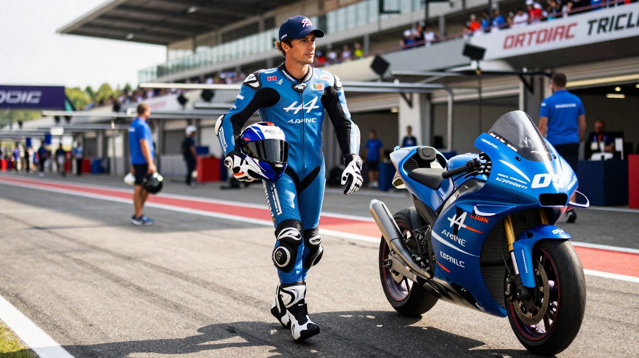 Piloto de motociclismo em fato azul caminha na pista junto a mota de corrida azul num circuito.