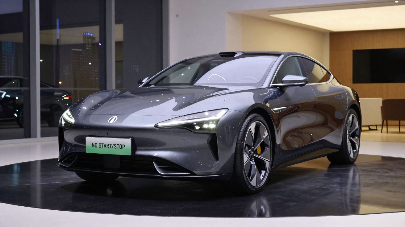 Carro desportivo elétrico cinza estacionado em interior moderno com iluminação ambiente.