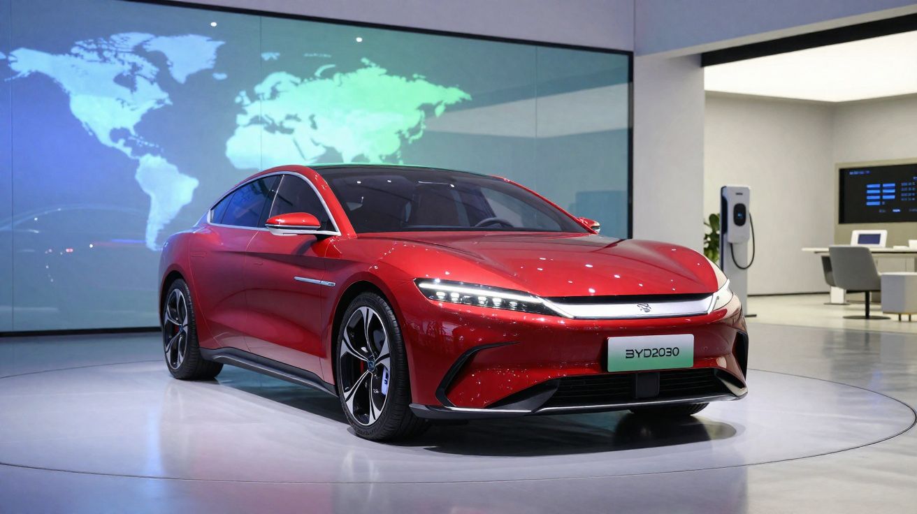 Carro elétrico vermelho BYD2030 em exposição moderna com painel mundial e estação de carregamento ao fundo.