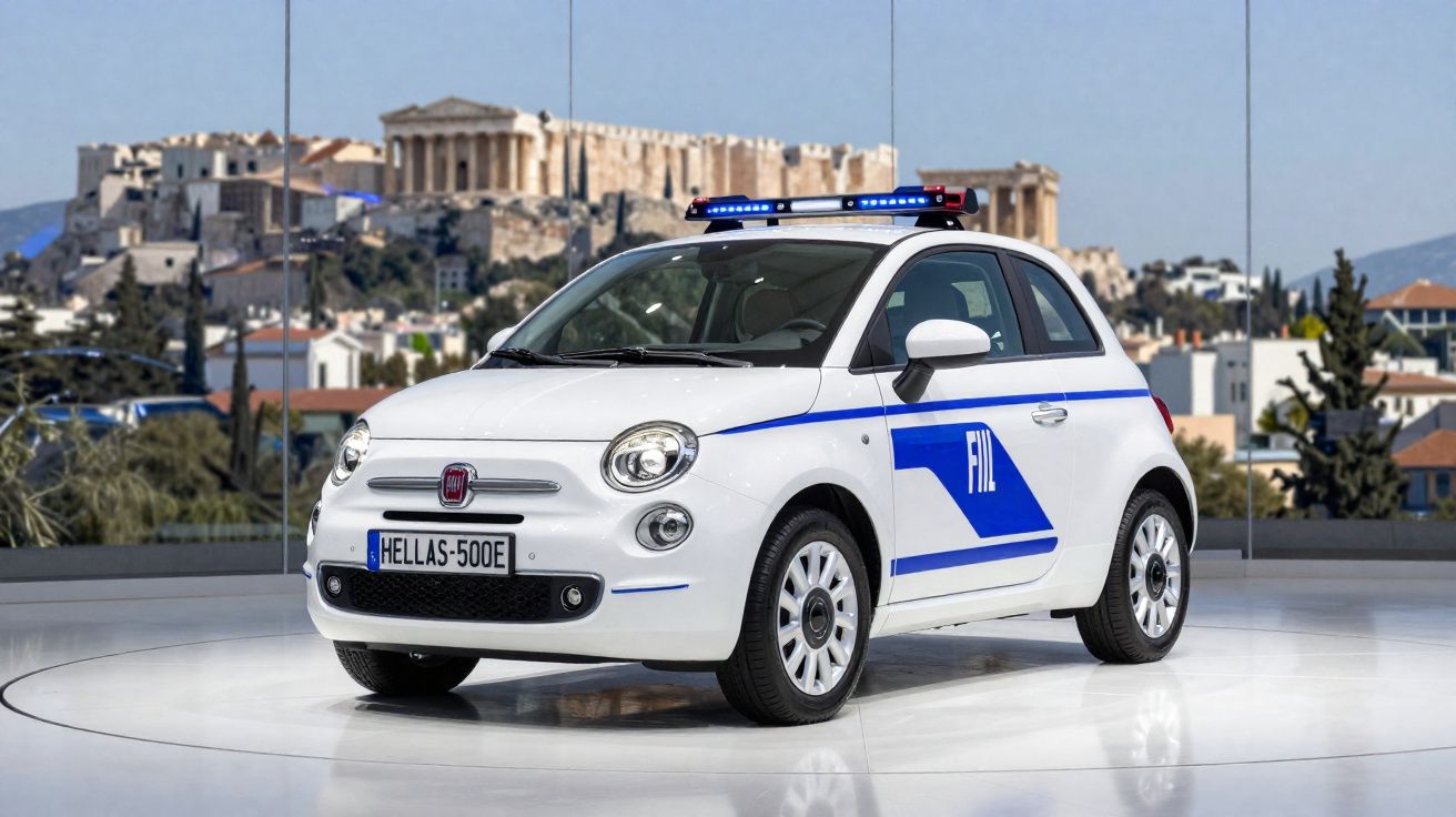 Carro de polícia branco Fiat 500 com sirenes azuis exposto em área moderna com Acrópole ao fundo.
