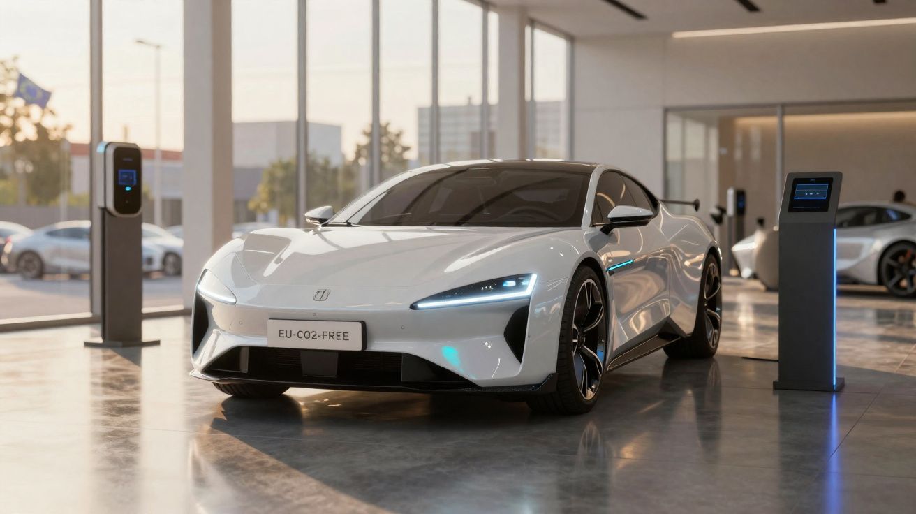 Carro elétrico branco futurista estacionado numa estação de carregamento interior moderna e iluminada.