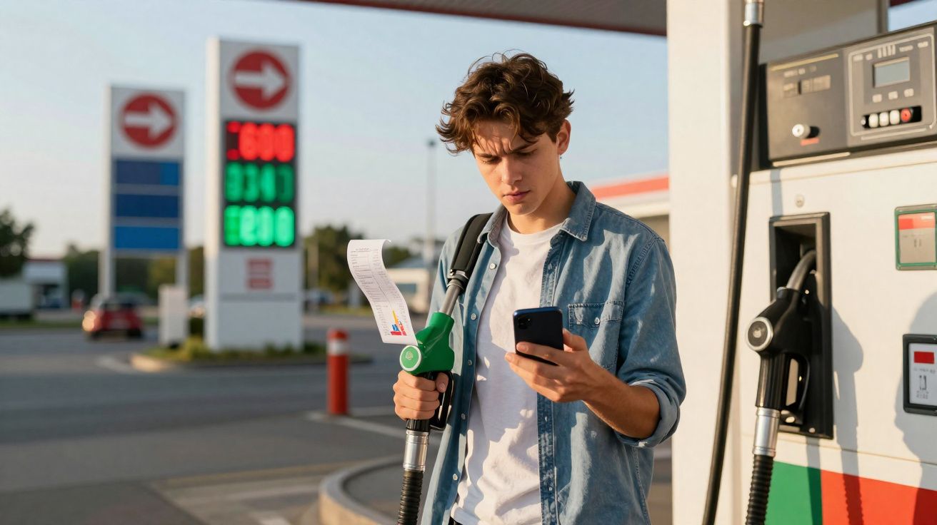 Jovem na bomba de gasolina com um smartphone e uma fatura, ao lado de um painel com preços do combustível.