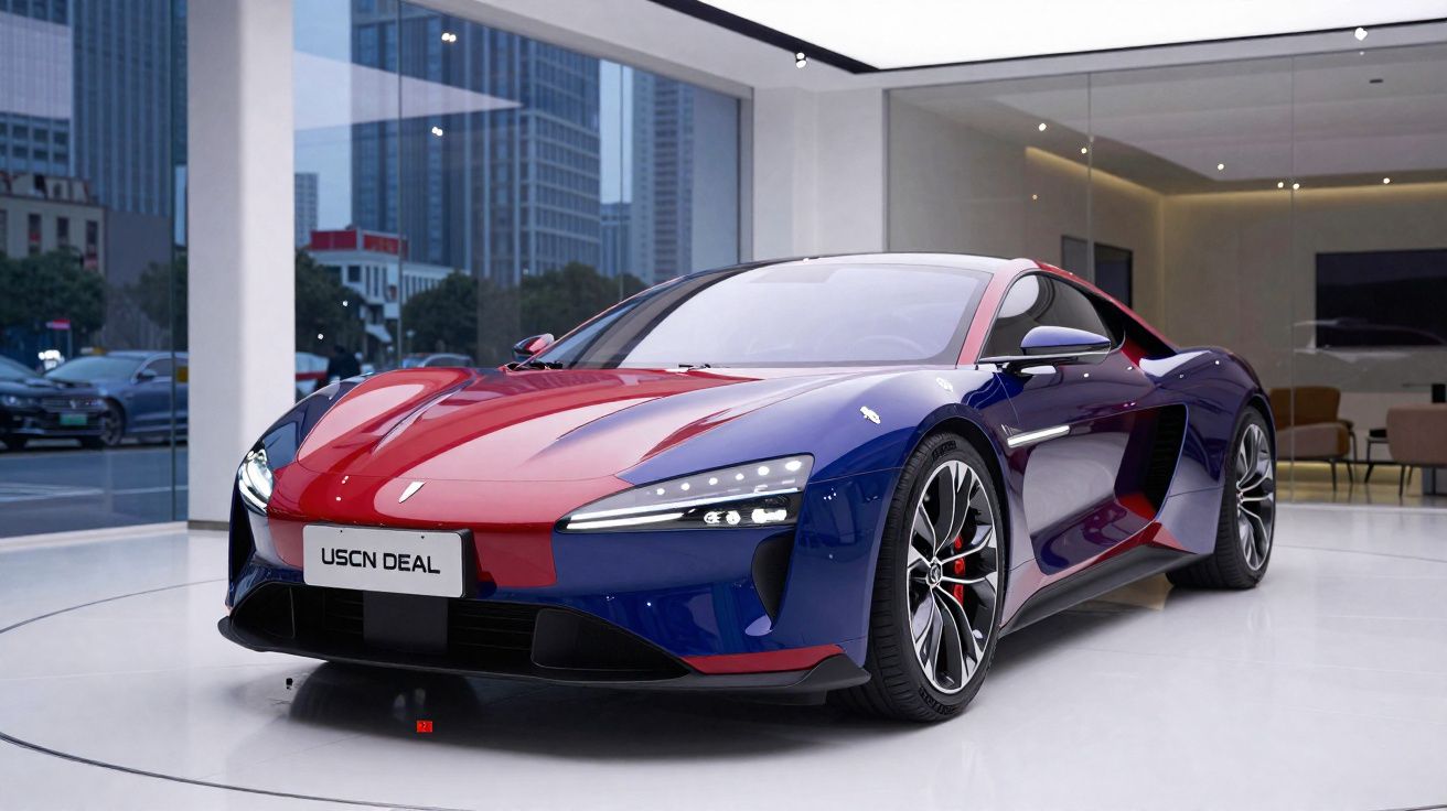 Carro desportivo azul e vermelho exibido num showroom moderno com teto iluminado e paredes de vidro.