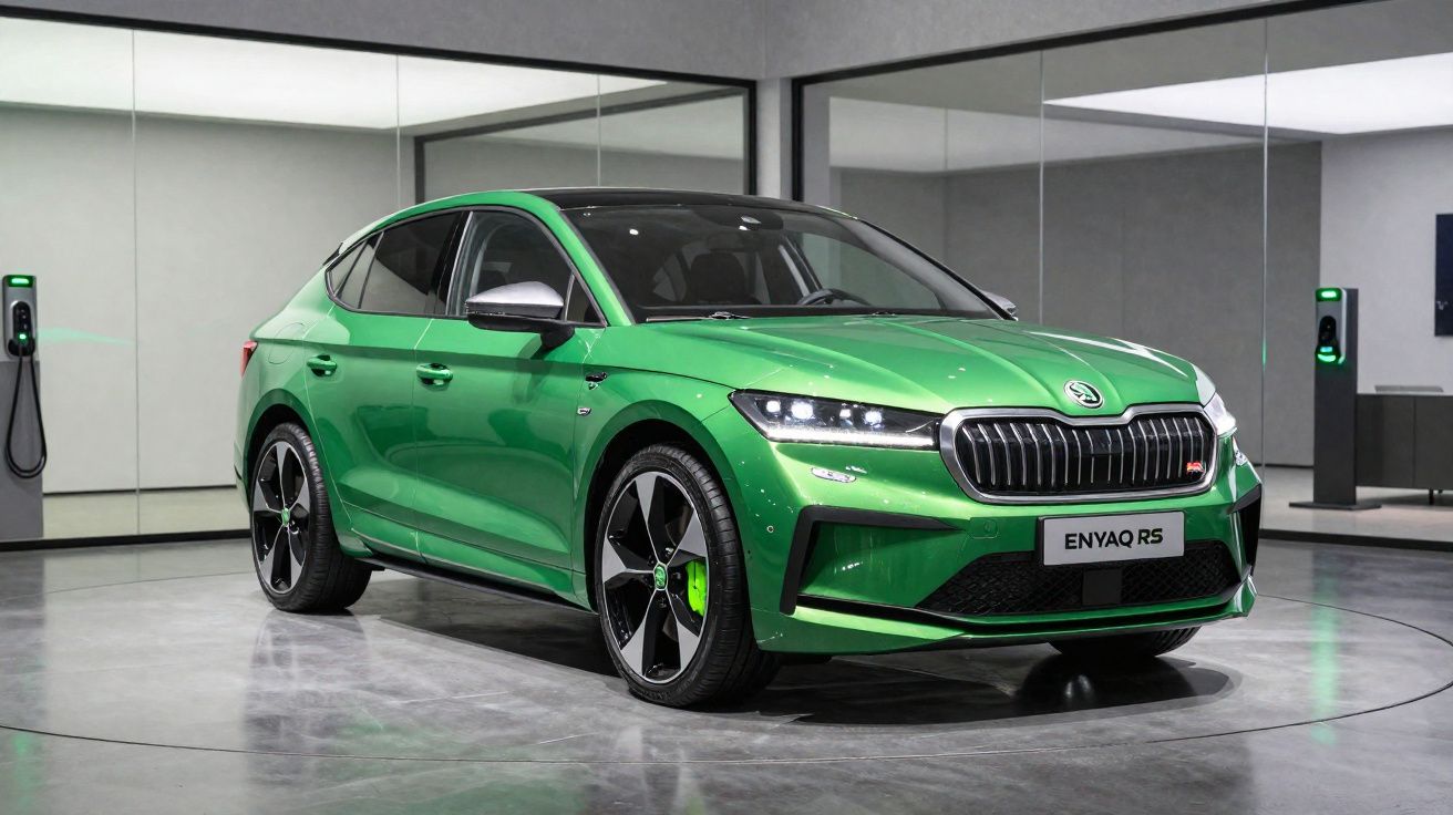 Carro elétrico Škoda Enyaq RS verde num showroom moderno com carregadores elétricos nas paredes.