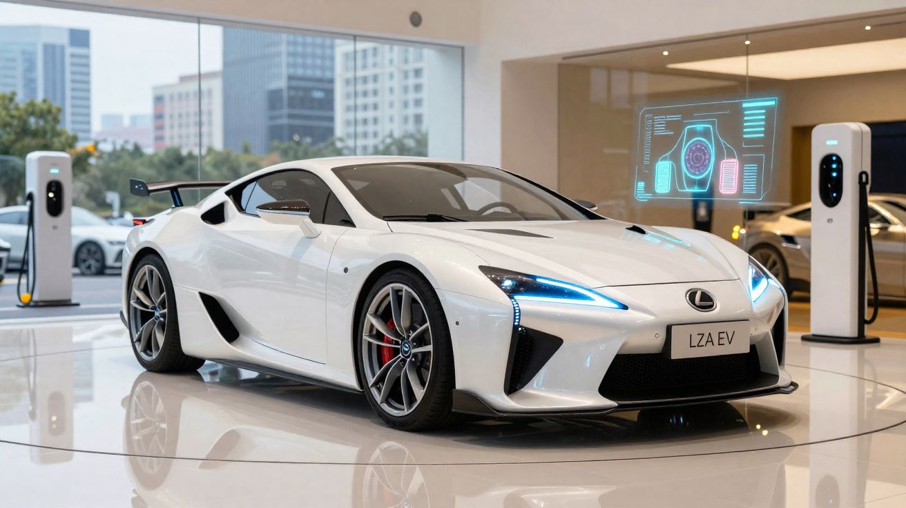 Carro eléctrico Lexus branco exposto em showroom moderno com carregadores e vista urbana ao fundo.